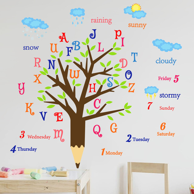 2pcs Big Tree English Letter Preschool Cartoon Wall Sticker Living Room  Bedroom Study Background Wall Decoration